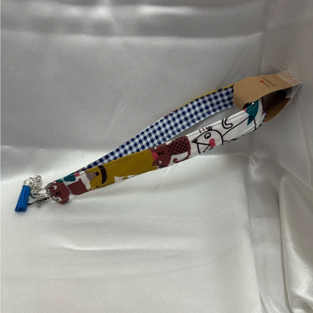 Handmade Plaid Cats Wristlet Keychain with Navy Blue Tassel